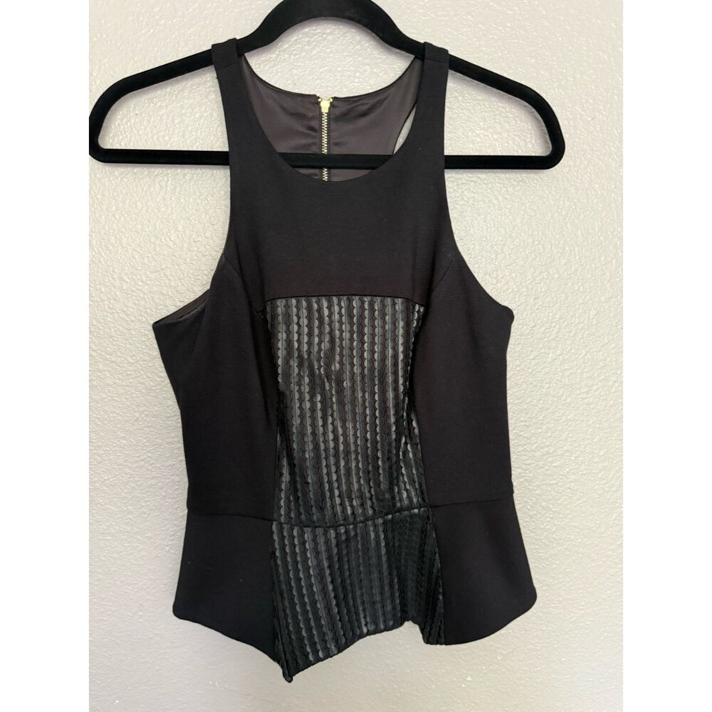 Jay Godfrey Black Sequin Peplum Top, Structured Racerback, Gold Zip, Size 2